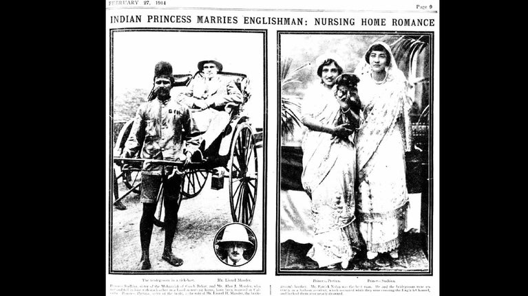 An historic newspaper article from 1914 with the headline 'Indian Princess Marries Englishman: Nursing Home Romance' the images below show Alan Mander being pulled in a cart, with a cut-out images of his brother, Lionel below. On the right are images of Princess Pretiva and her sister, Princess Sudhira dressed in traditional saris and holding a small black dog.